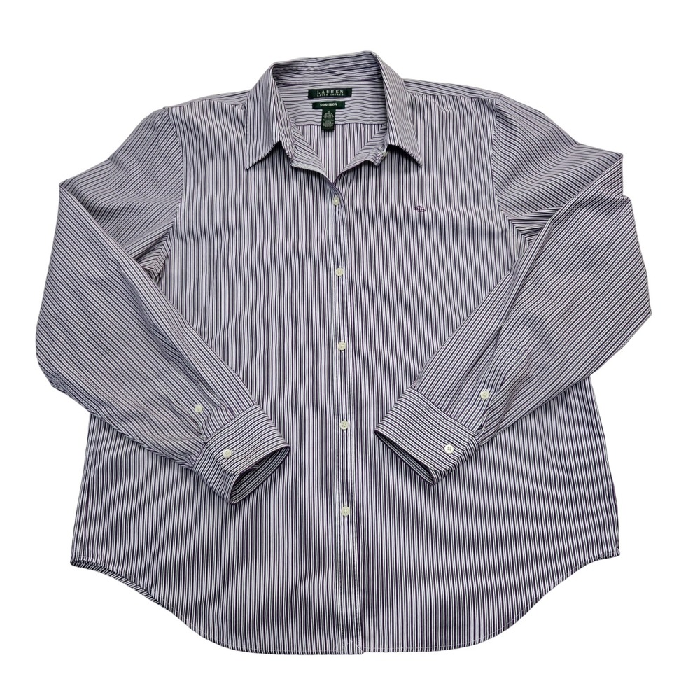 Lauren Ralph Lauren Womens XL Non-Iron Striped Button Down Shirt Purple White